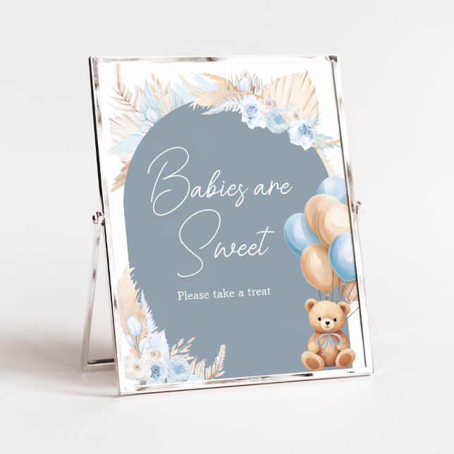 Poster Boho Blue Bear Balloon Les bébés sont doux (Sage Blue Balloons Baby Shower Babies are Sweet Sign)