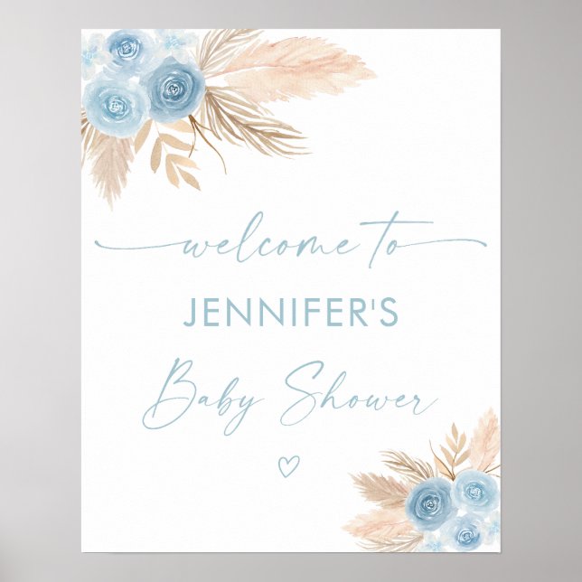 Poster Boho Blue Pampas Grass Baby shower Bienvenue (Devant)