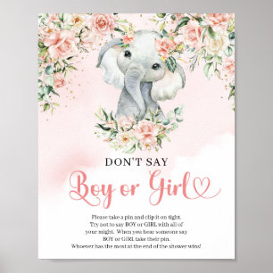 Poster Boho blush bébé éléphant Ne pas dire GARÇON ou FIL