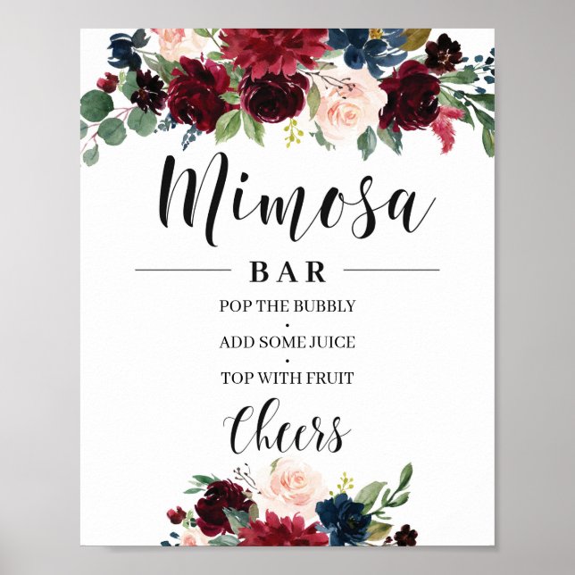 Poster Boho Blush bordeaux marine floral mimosa signe bar (Devant)