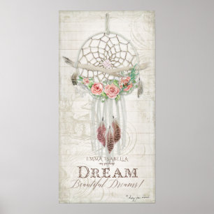 Poster Boho Bohemian Dream Catcher Nom du bébé Douche Boi