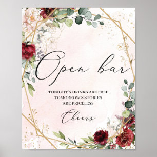 Poster Boho bordeaux or floral mariage ouvert