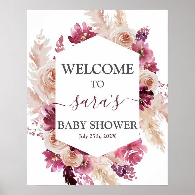 Poster Boho Bourgogne Baby shower Fille Signal de bienven (Devant)