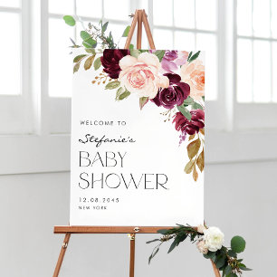 Poster Boho Bourgogne et fleurs de pêche Baby shower d'au