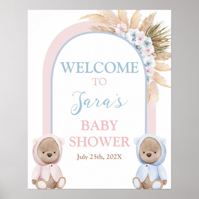Poster Boho Boy Girl Twins Bear Baby shower de bienvenue (Devant)
