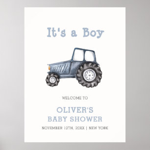 Poster Boho Boy Watercolor Tractor Baby shower Bienvenue