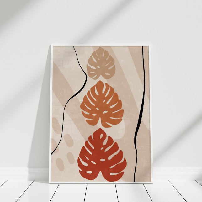 Poster Boho Burange Beige Monstera Mur Art (Boho Burnt Orange Beige Monstera Wall Art in a white frame.)