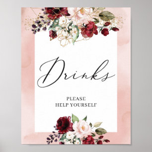 Poster Boho burgunch rose floral panneau de boissons