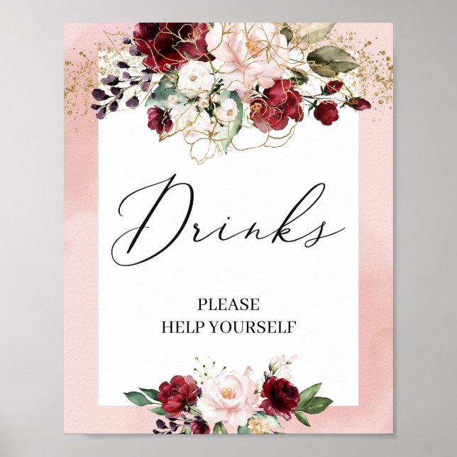 Poster Boho burgunch rose pâle signe boissons florales (Devant)