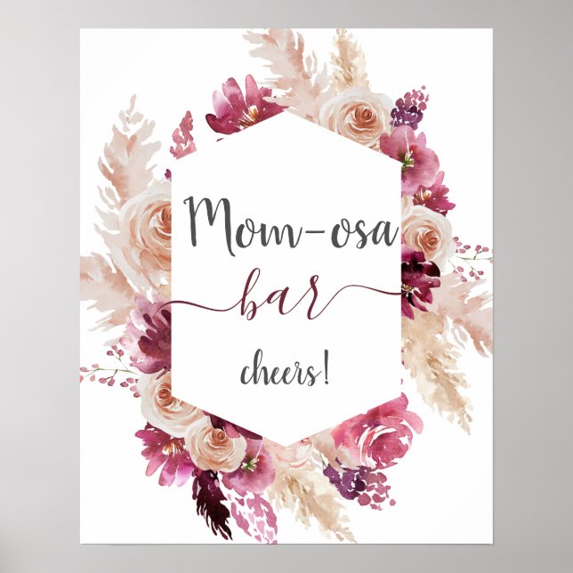 Poster Boho Burgundy Floral Baby shower Girl Maman signe  (Devant)
