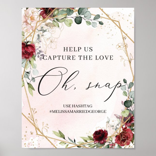 Poster Boho burgundy mariage d'or floral oh signe instant (Devant)