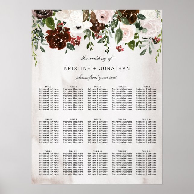 Poster Boho Burgundy Rose Rose Aquarelle Mariage Floral (Devant)
