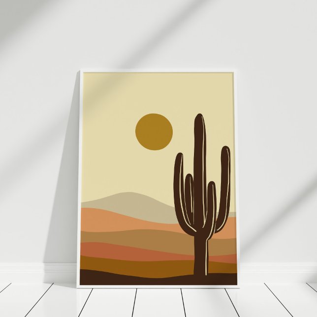 Poster Boho Burnt Orange Desert Paysage (Boho Burnt Orange Desert Landscape Poster against white wall in white frame.)