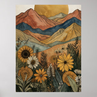 Poster Boho Céleste Soleil Doré Montagne Tournesol