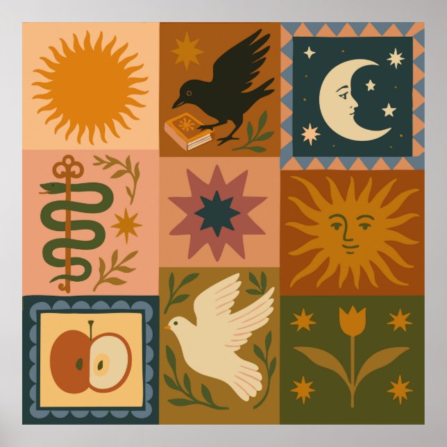 Poster Boho Celestial | Soleil et lune rétro (Devant)