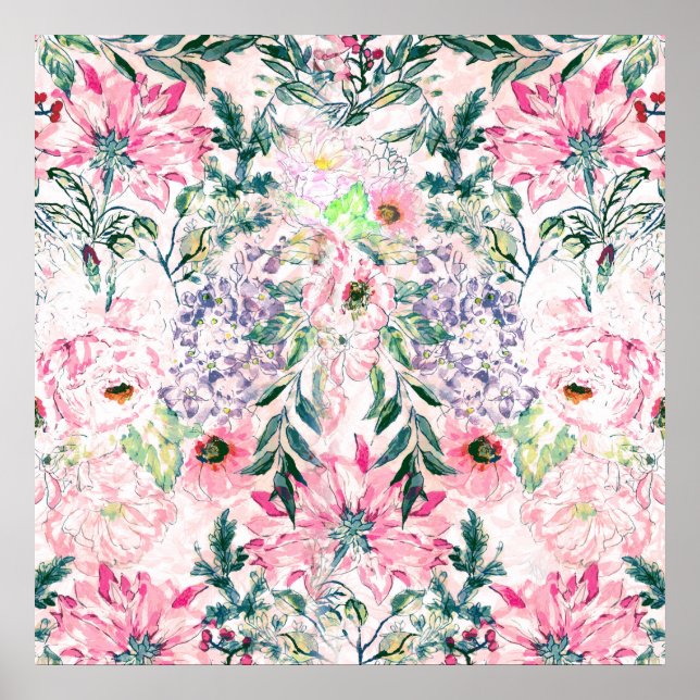 Poster boho chic aquarelle ressort rose floral (Devant)