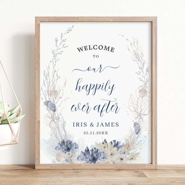 Poster Boho Chic Beach Mariage côtier Bienvenue (ethereal soft blue neutral beach destination beachside nautical resort wedding welcome sign poster)