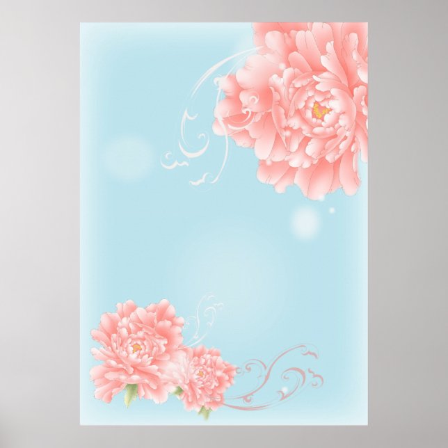 Poster boho chic bleu aquarelle fleurs rose fleurie (Devant)