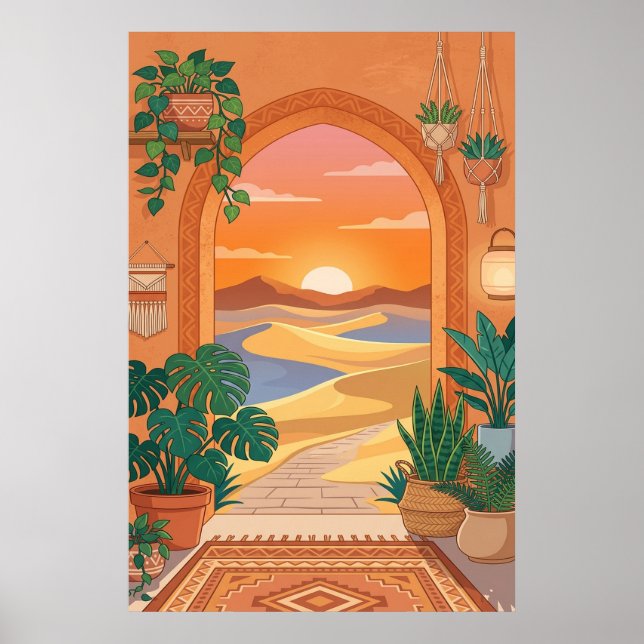 Poster Boho Desert Archway Sunset with Dunes, Hanging Pla (Devant)