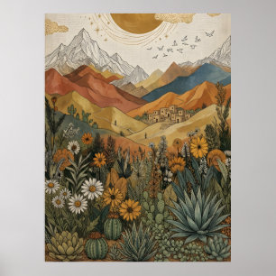 Poster Boho Désert Montagne Cactus Pueblo Soleil