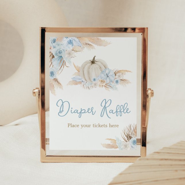 Poster Boho Dusty Blue Citrouille Baby shower Déchets Raf (Boy Little Pumpkin Baby Shower Diaper Raffle Sign)