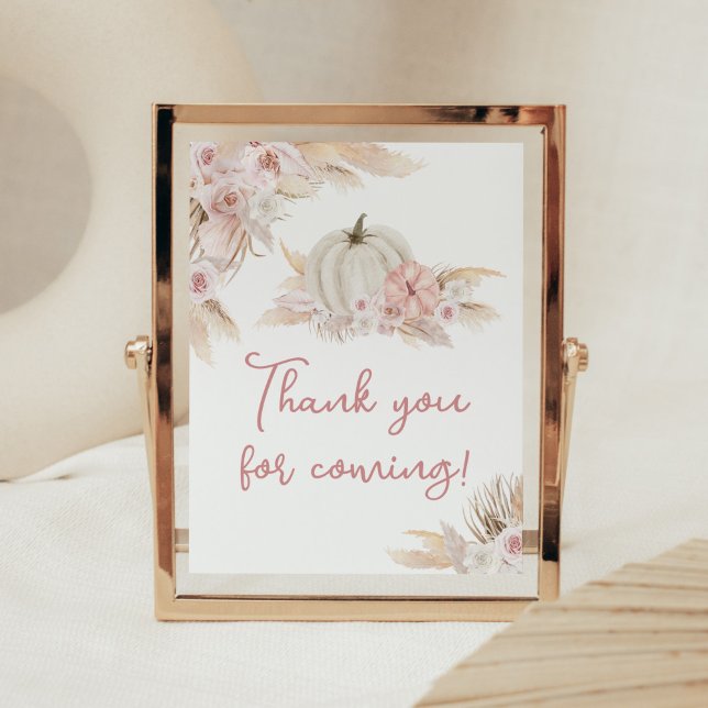 Poster Boho Dusty Citrouille Rose Merci pour venir (Pink Floral Pumpkin Baby Shower Thank you for Coming Sign)