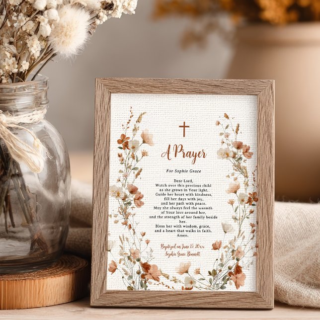 Poster Boho élégant Fleur sauvage Dusty Rose Prière bapti (Boho elegant Wildflower Dusty Rose Baptism Prayer Poster)