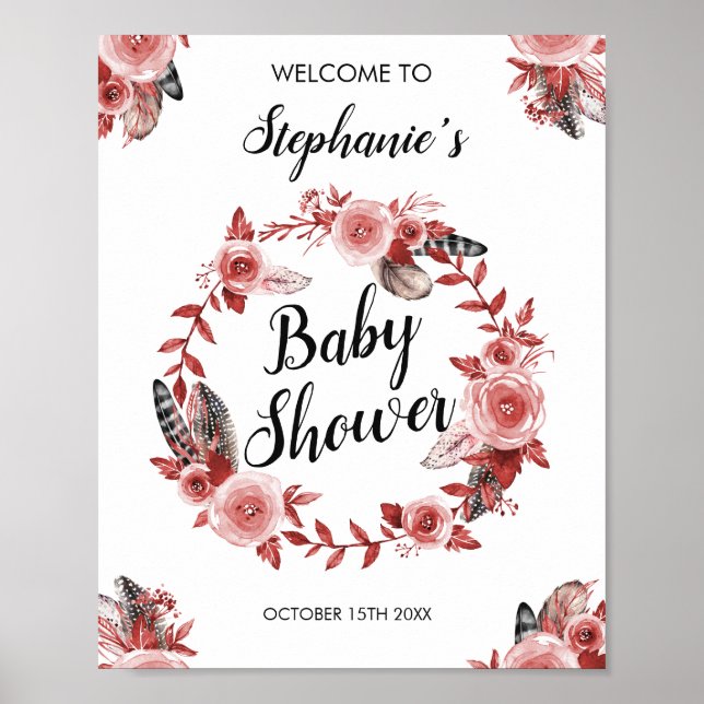 Poster Boho Feather Bourgogne Rose Wreath Baby shower (Devant)