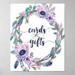 Poster Boho Feather & Floral Wreath Wedding Cartes & Cade