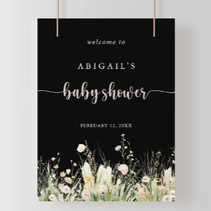 Poster Boho Fleur sauvage Baby shower noir Bienvenue