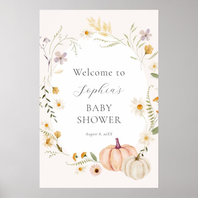 Poster Boho Fleurs sauvages et Citrouille Baby shower Bie (Devant)