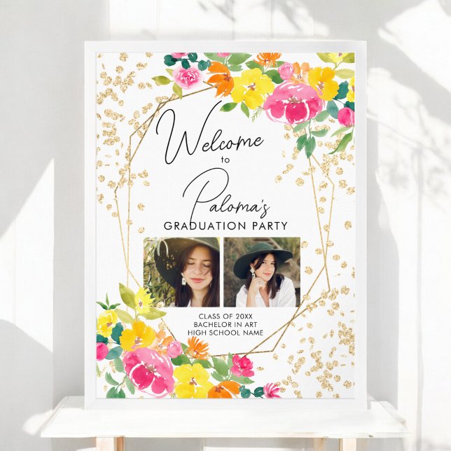Poster Boho Floral Aquarelle 2 photo Graduation Bienvenue (Boho Floral Watercolor 2 photo Graduation Welcome Poster)