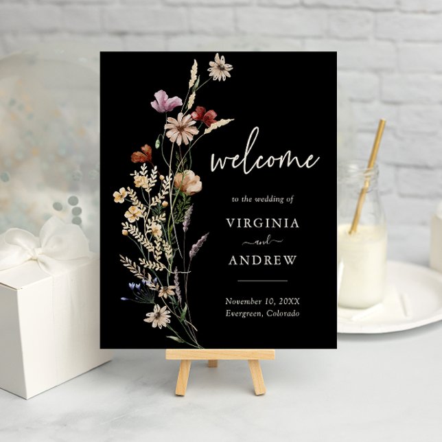 Poster Boho Floral Mariage de bienvenue (Black Boho Watercolor Floral Welcome Wedding Poster by Painted Paperie
)