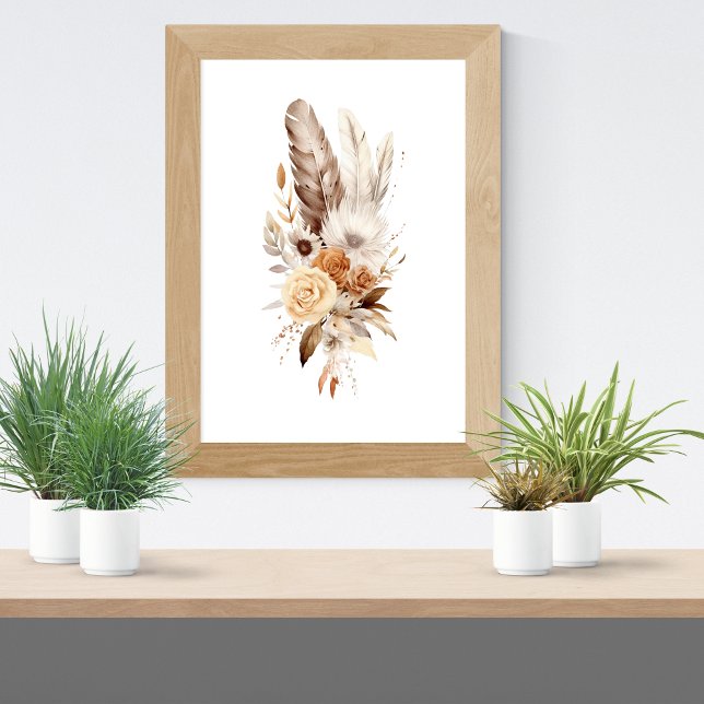 Poster Boho Floral Plumes Botanique Aquarelle Mur Art (Boho Floral Feathers Botanicals Neutral Colors Wall Art poster. Gray Brown Beige Cream)