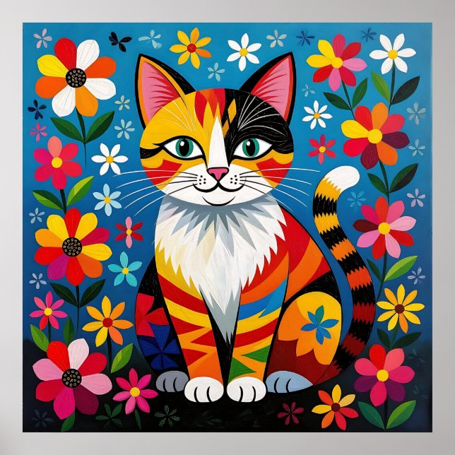 Poster Boho Folk Art Cat, Flowers & Butterfly   (Devant)