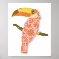 Boho Folk Floral Toucan Illustration en rose