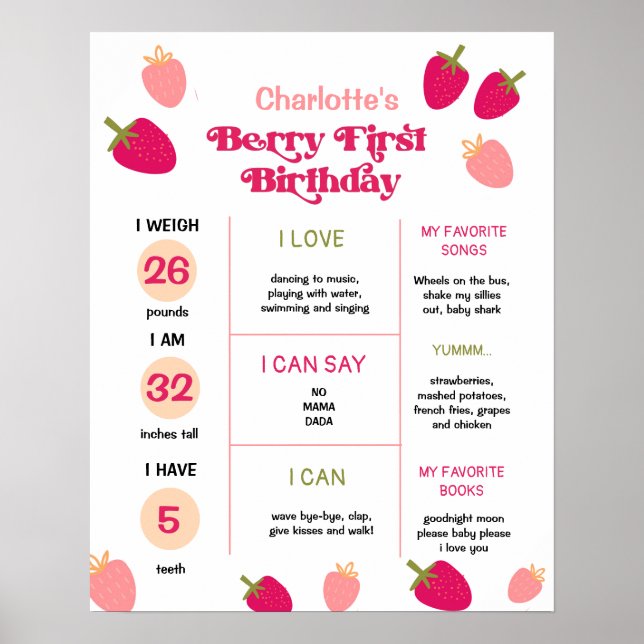 Poster Boho fraise Berry Premier anniversaire Jalon (Devant)