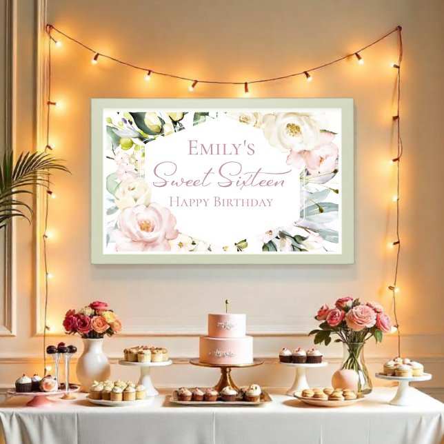 Poster Boho Green Floral Frame Sweet sixteen bannière (Créateur téléchargé)