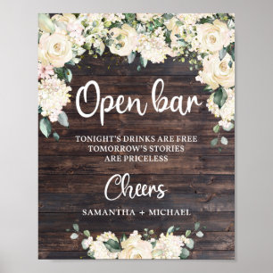 Poster Boho greenery foliage rustic wood open bar sign