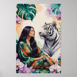 Poster Boho Jungle Rêve Paysage Tigre Blanc & Femme