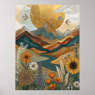 Poster Boho Mandala Céleste Rivière Montagne Soleil
