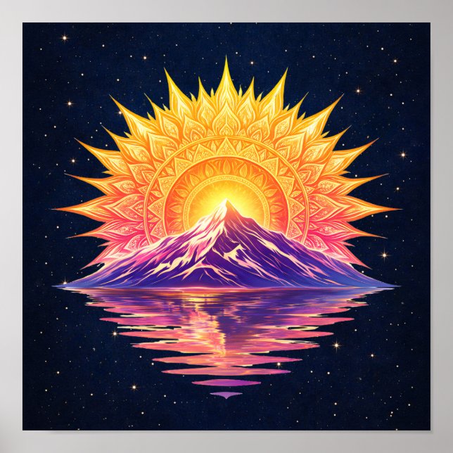 Poster Boho Mandala Mountain Sunset | Cosmic Night Sky (Devant)