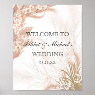 Poster Boho Mariage Coral Rose Pampas Grass Aquarelle