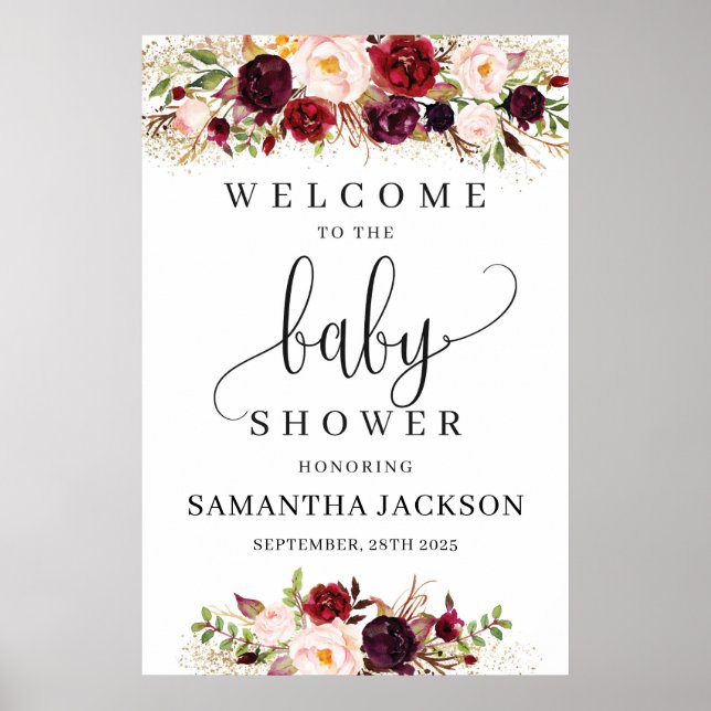 Poster Boho marsala baby shower fleuri signe de bienvenue (Devant)