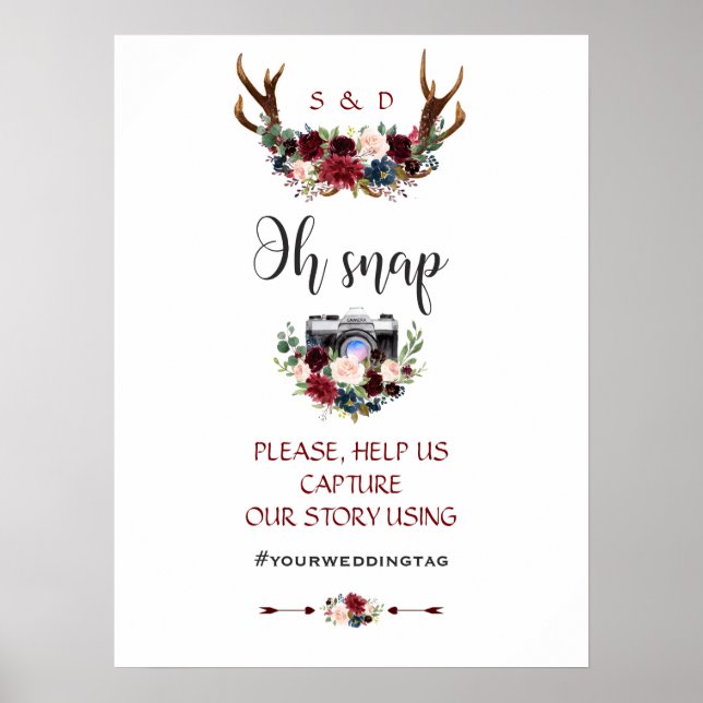 Poster Boho Merlot Marine Blue Floral Antlers Mariage (Devant)
