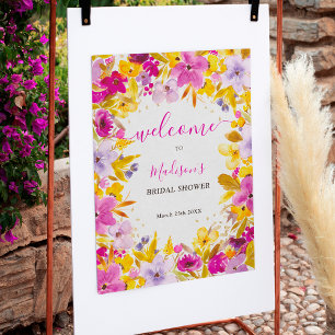 Poster Boho moderne violet fleuri accueil douche nuptiale