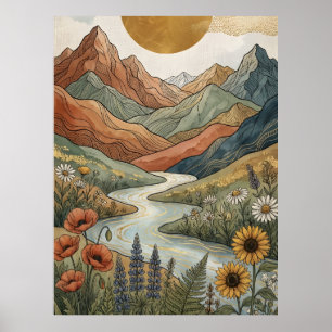 Poster Boho Montagne Céleste Rivière Dorée Tournesol