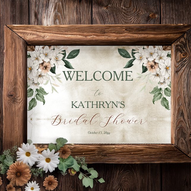 Poster Boho Muted Fall Fête des mariées florale (Boho Muted Fall Floral and Grapevine Wreath "Fall in Love" Bridal Shower Welcome Poster)