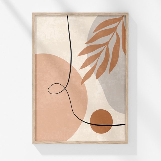 Poster Boho Muted Neutral Botanical Abstrait Wall Art (Boho Muted Neutral Abstract Botanical Wall Art in a wooden frame on a sunny white wall.)