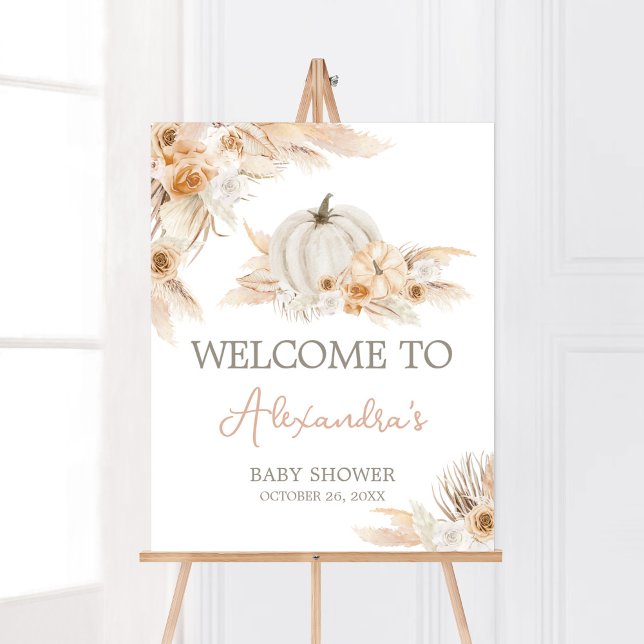 Poster Boho Neutral Citrouille Baby shower Bienvenue (Gender Neutral Little Pumpkin Baby Shower Welcome Sign)